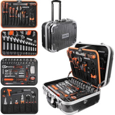 REALTEK Tool Box 123-Piece Tool Set with Trolley Function, Tool Box with Ratchet Wrench Hammer and Other, Chrome Vanadium Steel, Tool in Sturdy Aluminium Case