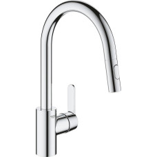 GROHE Get, 31484001 Virtuvės čiaupas su 2 srovių tipais (virtuvės čiaupas su ištraukiamu dušu, pasukamas 360° kampu, taupo vandenį dėl kintamo kiekio ribos, lengvai montuojamas prie kriauklės), chromas