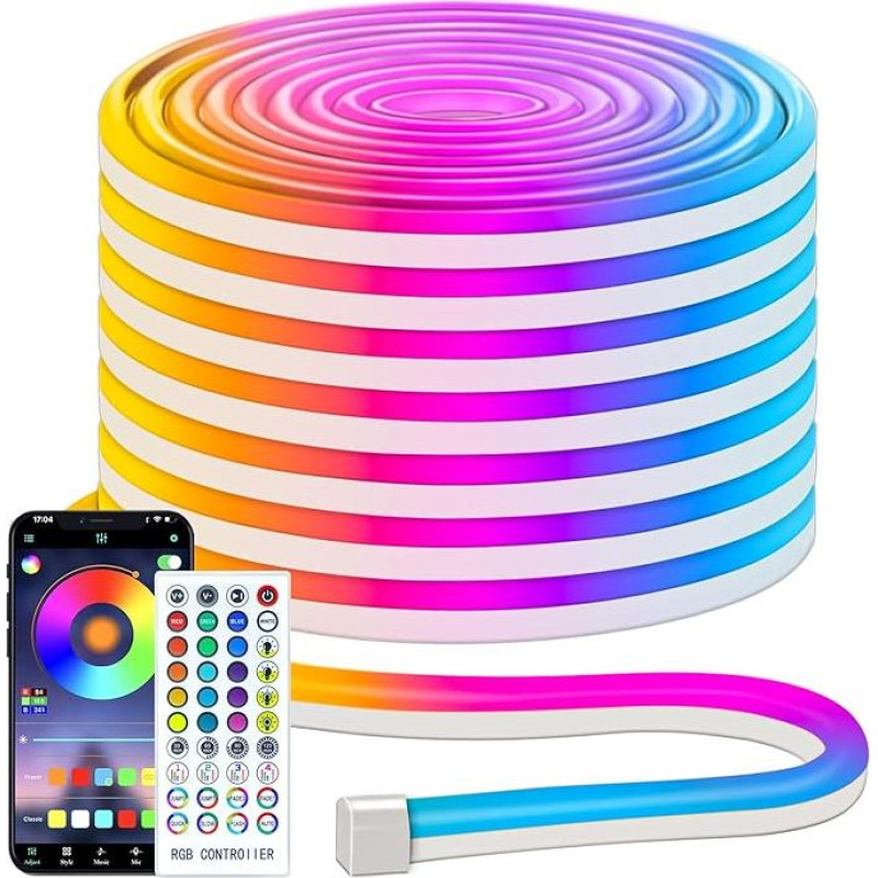 15 m RGB neono LED juostelė, lanksti įvairiaspalvė neono LED juostelė, valdoma programėle / nuotolinio valdymo pulteliu, IP67 LED neono šviesos virvė, skirta žaidimų miegamojo vidaus ir lauko apdailai