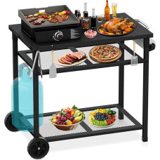 Lauko kepsninės vežimėlio grilio stalas - kilnojamas picų kepimo krosnies stovas su ratukais, maisto vežimėlio stalas, skirtas naudoti lauke, su dviem tinkliniais stovais, skirtas namų vakarėliams, stovyklavimui, lauke