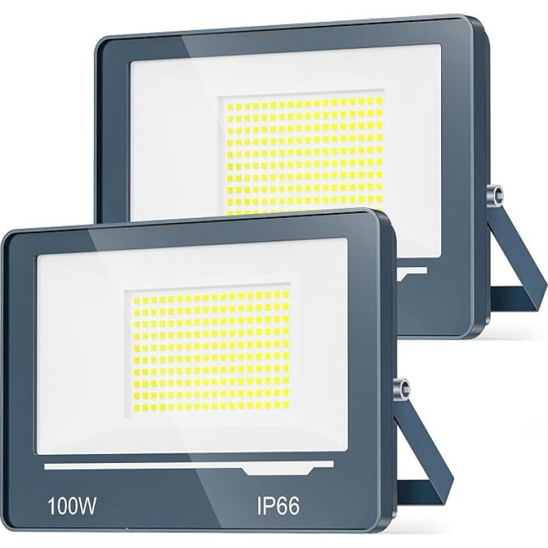 LED lauko prožektorius, 100 W, 10000 lm, 2 vienetai, itin ryškus LED prožektorius, lauko 6500 K, vėsiai baltas prožektorius, IP66 atsparus vandeniui, lauko prožektorius, kiemo apšvietimas sode