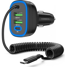 KUBOWAI 72 W Car Charger USB C, 4 Port, 12 V 24 V Dual Chip Cigarette Lighter, PD Type Fast Charging, with 1.5 m Spiral Cable, Used for iPhone 15 / Samsung S24 Charging Adapter etc