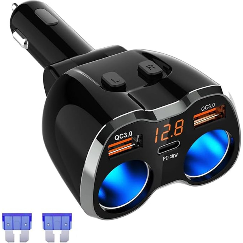 150W USB C Car Charger, Dual QC 3.0 and PD 20W, USB Cigarette Lighter Adapter, Cigarette Lighter Splitter with 2 Multiple Outlets with LED Voltmeter Switch for GPS Dash Cam