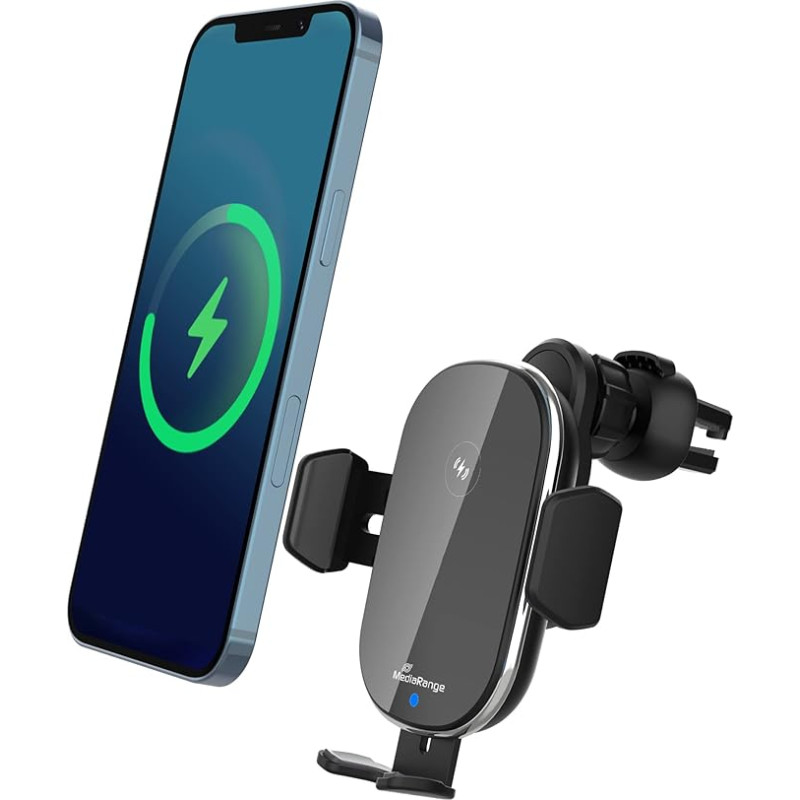 MediaRange Inductive Car Fast Charging Station - Car Mobile Phone Holder with Charging Function for Wireless Charging, 15 W Qi Fast Charge, USB Fast Wireless Charger, Compatible with iPhone, Samsung