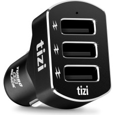 tizi Turbo 3X Black Premium Edition (7,2A), zuverlässiges 3-Fach USB-Auto-Ladegerät mit hochwertigem Alu-Body in Vulkan Schwarz