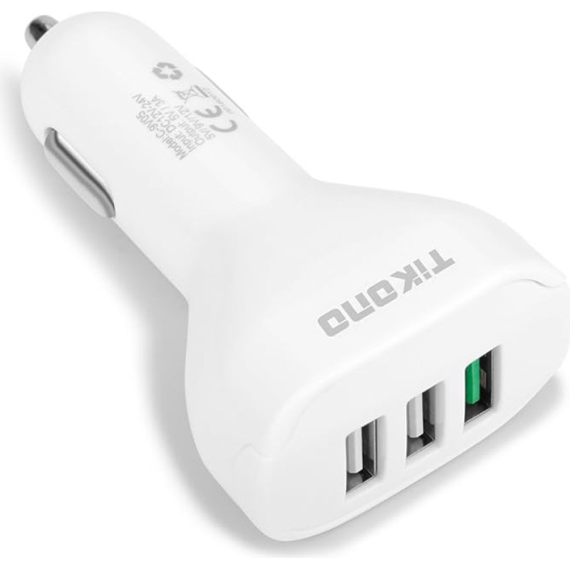 Car Charger, Tikono USB Car Charger with Quick Charge 3.0 and 2 USB Ports, Fits All Car Cigarette Lighter Plugs (White)