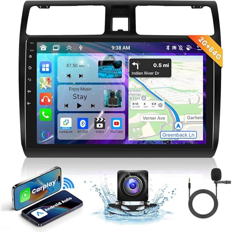 8-core, 2+64G, podofo 10-Inch Car Radio for Suzuki Swift 2003-2010 Wireless Carplay Car Android, 8-core Android 13 Car Radio FM/RDS with WiFi/GPS/USB/Mirror Link with Navigation + AHD Rear View Camera