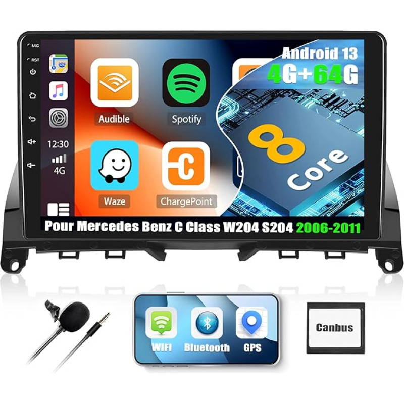 4G + 64G CAMECHO Android 13 Car Radio for Mercedes-Benz C-Class W204 S204 2007-2010 with Navi Carplay Android Car, 8Core 9 Inch Screen Radio 2 DIN with Bluetooth RDS/FM WiFi Mirror Link DSP