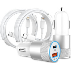 Car Charger, Pack of 2 48 W USB C Car Charger Adapter with 3 FT Lightning Cable, PD/QC 4.0 Car Phone Charger, Quick Charge, Cigarette Lighter, USB Charger, 12 V USB Port for iPhone 14/13/12/11