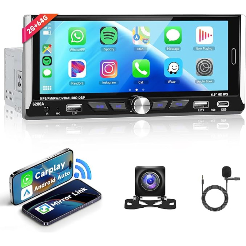 Hodozzy 2G + 64G Wireless Carplay Car Radio 1 DIN Android 6.9 Inch Touchscreen Radio with Bluetooth, GPS Navi, WiFi, Android Car, FM RDS EQ, 1 DIN Screen with Reversing Camera Type-C/USB/AUX