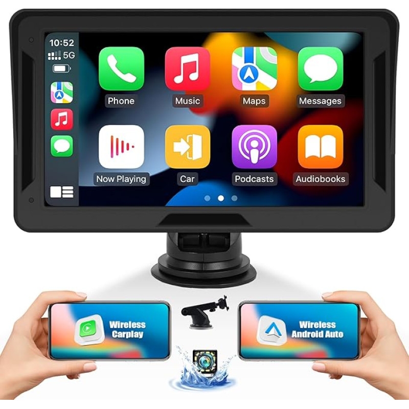 CAMECHO Wireless A-pple Carplay Android Car Portable Car Radio, 7 Inch HD Car Stereo Touch Display with Siri Bluetooth EQ FM GPS Mirror Link Airplay Rear View Camera