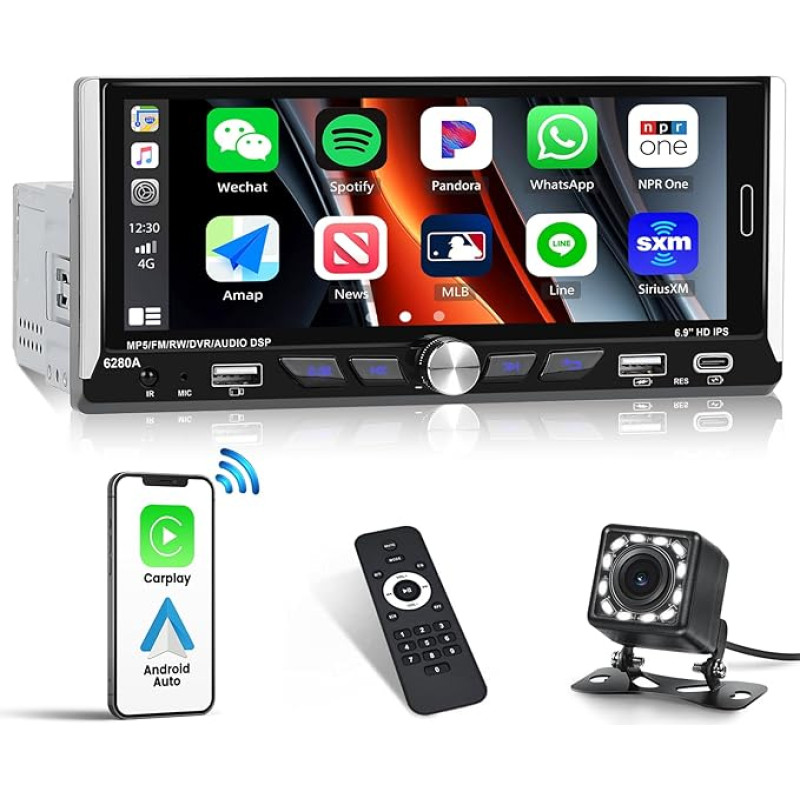 Car Radio 1 DIN Bluetooth with CarPlay Wireless and Android Car Wireless Car Radio Single DIN 6.9 Inch Touchscreen with BT USB EQ FM/RDS Radio Mirror Link SWC + Reversing Camera & Mic