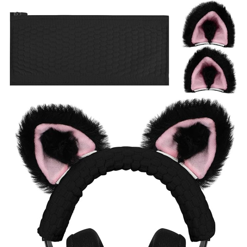 Geekria NOVA Knitted Fabric Headband Cover + Cat Ear Attachment Compatible with Razer, SteelSeries, HyperX, Sennheiser, Astro, Sony, Logitech, ATH Headphones, Head Cushion Protector (Black/Pink)