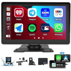 CAMECHO Wireless Carplay Android Car Portable Car Radio, 7 Inch Screen Carplay Display with Mirror Link Bluetooth GPS Sat NAV FM AUX, USB, SD, Type-C + AHD Rear View Camera + 64G TF Card