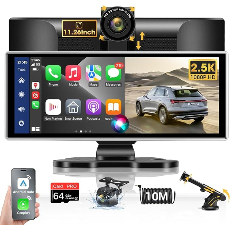 Perfect Size: 11.26 Inch Carplay Display Android Car Display with 2.5K Dash Cam Car Front Rear Portable Driveplay Pro with Reversing Camera with Bluetooth Mirror Link Siri 64G TF Card A.pple Carplay