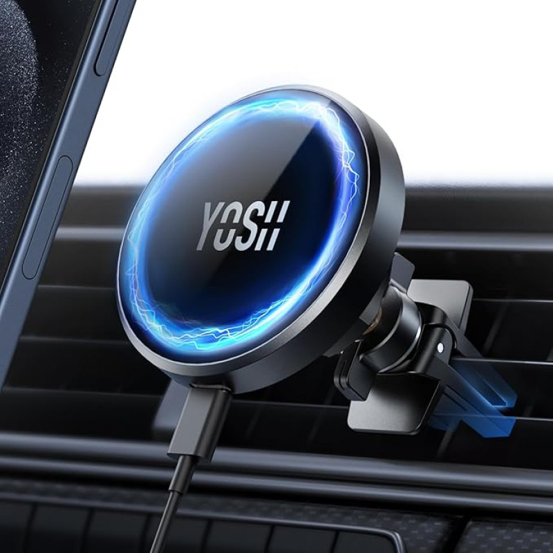 YOSH Mag-Safe Car Mount 15 W Mobile Phone Holder Car with Charging Function, Magnetic Wireless Charger Car Ventilation, 360° Rotating Mobile Phone Holder with N52 Magnet for iPhone 16 15 14 13 12 &