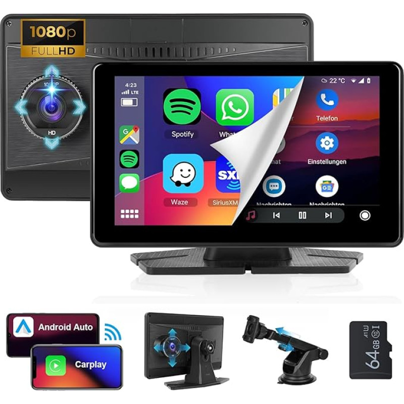 Podofo Carplay Display Android Car Wirelesss with 4K Dash Cam + 64G TF, 7 Inch Touchscreen, Portable Car Radio Bluetooth, Navi, FM Transmitter/AUX/Mirror-Link/Siri/DVR + Telescopic Suction Cup Holder