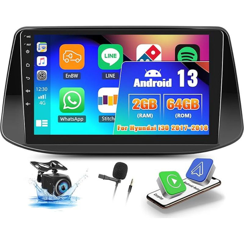 OiLiehu 2G + 64G Android 13 Car Radio 2DIN Carplay Android Car for Hyundai i30 2017-2018 Car Radio with Screen 9 Inch Car Radio with Mirror Link/EQ/Bluetooth/SWC/FM RDS/WiFi/GPS/Rear View Camera