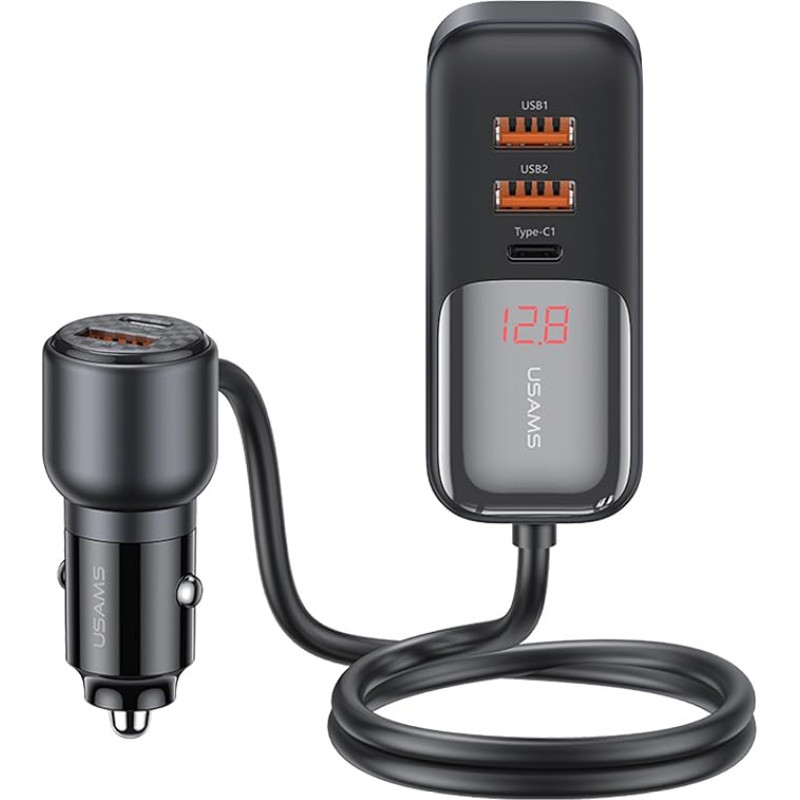 P4Y PD 165W USB Car Charger with 5 Ports 3 USB-A, 2 USB-C with Digital Display and Quick Charge PD QC AFC SCP FCP Black Steel US-CC213 C40