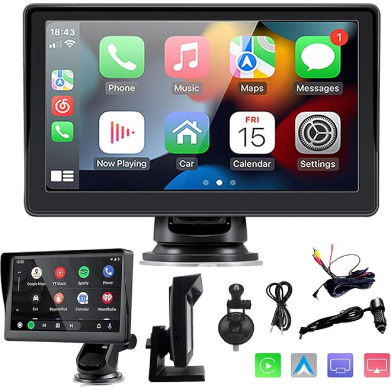 Sunweyer Wireless Carplay & Android Car Screen, Portable Car Radio, 7 Inch IPS Touchsreen Display, Supports 1080p Backup Camera & Bluetooth/AUX/FM Transmitter