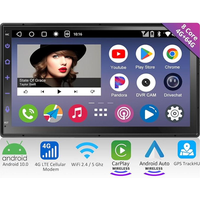 RevcarX Double DIN Radio Android Car, Built-in 4G LTE, 4G + 64G Wireless Carplay Android Car, 7 Inch QLED Touch Display DAB Radio, 2.4/5GHz WiFi/BT/USB Tethering, Mirror Link, Dual BT, A6G2B7-PL-A