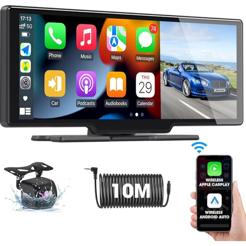 Wireless Carplay Android Car Display 10.26 Inch Touchscreen Car Radio Carplay Display Portable Driveplay with Reversing Camera 1080P with Bluetooth Mirror Link Siri AUX FM