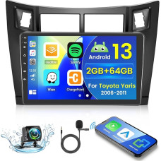 [2+64GB] Android 13 Car Radio, Wireless Carplay Android Car, for Toyota Yaris 2006-2011 Radio, Screen 9 Inch, Bluetooth, Mirror Link, GPS WiFi FM SWC USB EQ