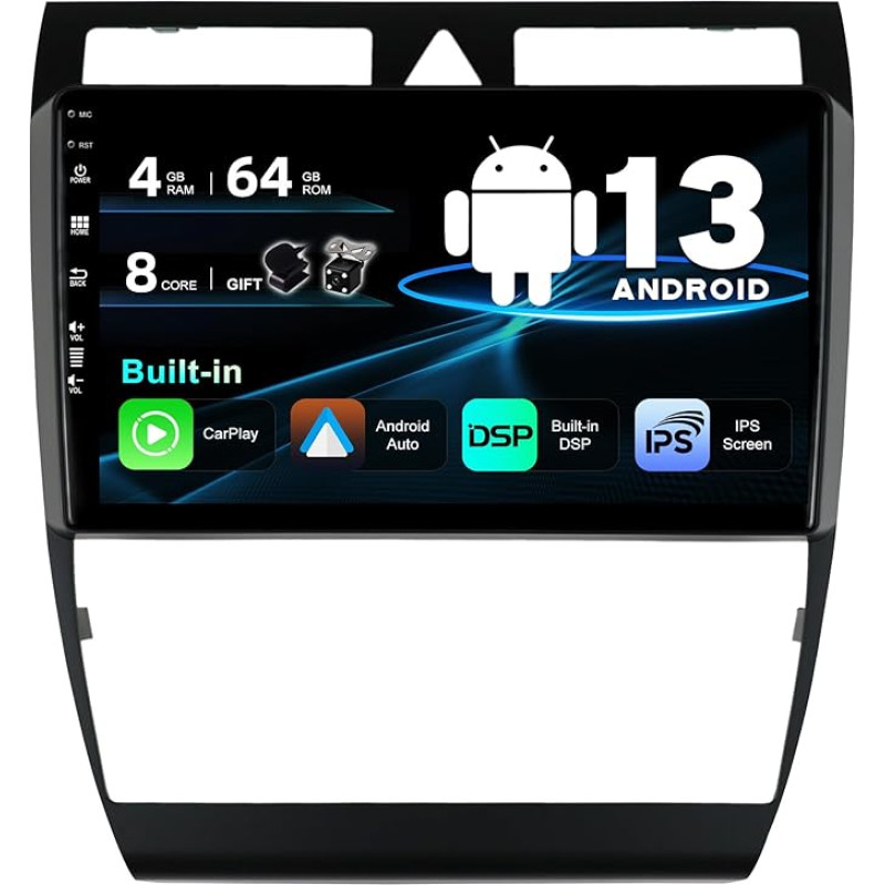 SXAUTO Android 13 Car Radio for Audi A6 C5 S6 (1999-2004) / RS6 (2002-2006) - Built-in Carplay/Android Car - LED Camera + Mic - 4G + 64G - DAB 360-CAM Steering Wheel Control Fast Boot WiFi - 2 DIN 9