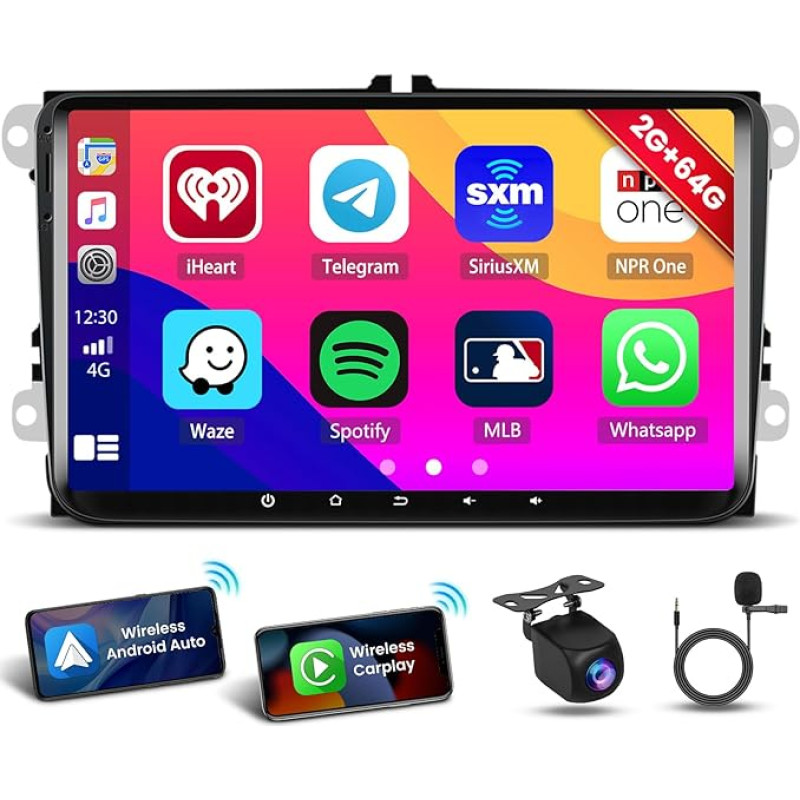 [2+64GB] 9 Inch Wireless Carplay Car Radio for Seat Skoda VW Passat B6 Polo Golf Radio Car with Android Car FM/RDS/GPS/Bluetooth/WiFi USB/MIC Steering Wheel Control + Reversing Camera