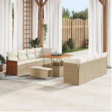 Rantry 11-teilige Garten-Sofa-Set mit Kissen Beige Poly Rattan Akazie Gartenlounge Modelis3363286