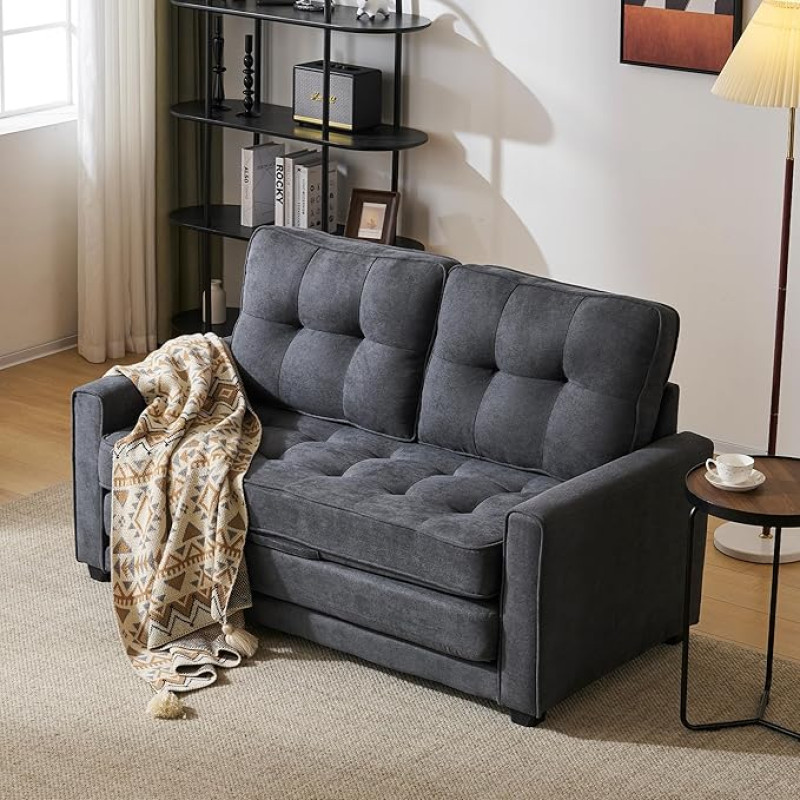 Vidacharmy 2 vietų sofa, maža sofa, moderni mini sofa, minkšta sofa su kišenėmis šonuose, lininė maža sofa svetainei, miegamajam, biurui, butui, 151 x 86 x 75 cm (plotis x aukštis x gylis), tamsi