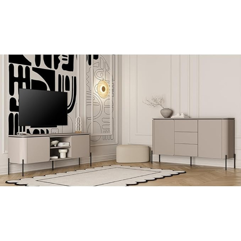 Pilkai smėlio spalvos svetainės komplektas su staltiese ir bufetu, modernus stilius, 2 dalys, suapvalinti priekiai, atidaromas stumdant, metalinės kojelės