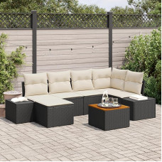 Rantry 7-teiliges Garten Sofa Set mit Kissen Schwarz Poly Rattan Akazie Gartenlounge Modelis3347978