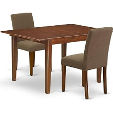 3 dalių valgomojo komplektas, skirtas mažoms patalpoms, turintis atlenktą stalą su staltiese ir 2 staltieses iš kavos ir lipnios medžiagos