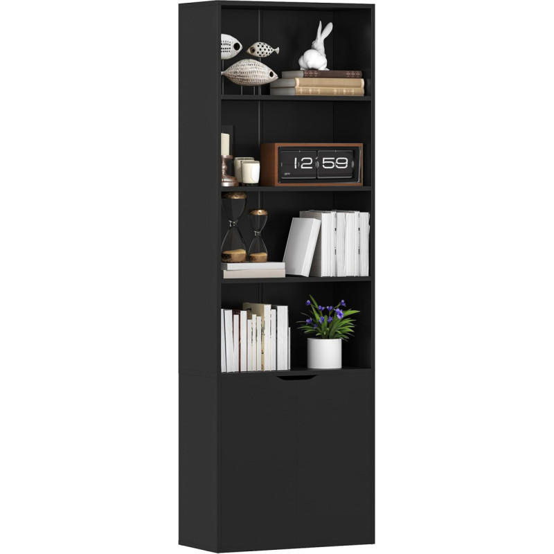 HOMCOM bibliotekos knygų spinta su 4 atvirais skyriais ir 2 durimis, lentyna svetainei, miegamajam, biurui, 59 x 29 x 180 cm, juoda