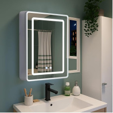HOMELODY LED Bathroom Mirror Cabinet with Lighting, 70 x 50 x 14 cm, Full Aluminium, Double-Sided LED Mirror, Touch Dimmer & 3 Dimmable Light Colours, Anti-Fog, Bathroom Mirror Cabinet with Glass
