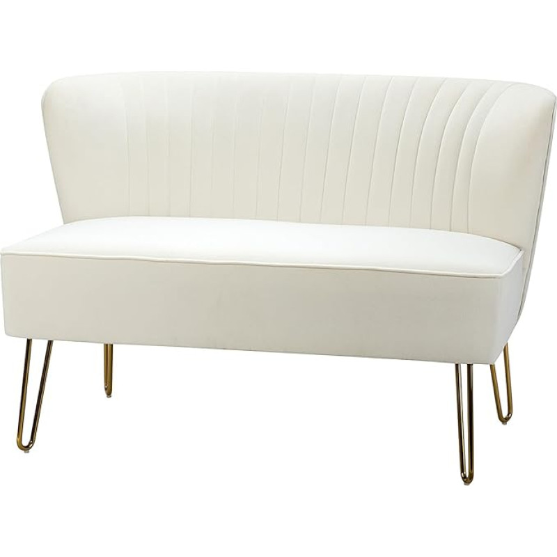 HULALA HOME Sofa 2 vietų poilsio sofa maža paauglių kambariui Svetainės sofa iš aksomo su auksinėmis metalinėmis kojelėmis, skirta miegamajam 114 x 74 x 79 cm, balta