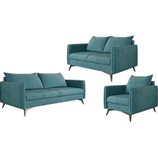 S-Style Möbel Nina Sofos komplektas 3 2 1 Minkštas sofos komplektas Sofos komplektas 3-vietė sofa 199 x 91 x 86 cm 2-vietė sofa 138 x 91 x 86 cm Fotelis 74 x 91 x 86 cm Juodos spalvos metalinės kojelės Turkio spalvos