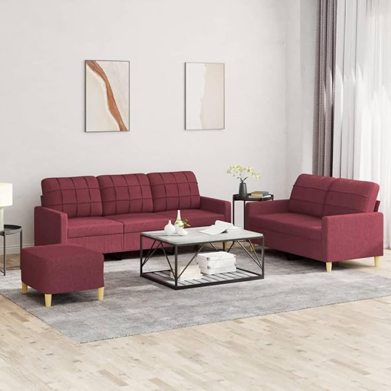 CIADAZ 3201320 3 dalių sofos komplektas su pagalvėlėmis Vyno raudonos spalvos audinys, sofa su poilsio funkcija, sofos komplektas, svetainės sofa, sofa, sofos komplektas