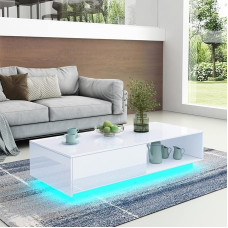 Blizgus baltos spalvos kavos staliukas su LED apšvietimu, skirtas svetainei Stačiakampis vidurinis staliukas su stalčiumi ir atvira lentyna 95 x 55 x 31 cm (2,5M LED)