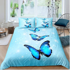 Drugelių patalynės komplektas, mėlyni drugeliai antklodės užvalkalas vaikams, berniukams, mergaitėms, moterims, skraidantys drugeliai antklodės užvalkalas, 3D gyvūnų patalynė ir patalynės kambario dekoras, 3 dalys