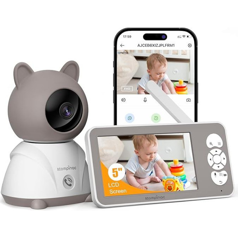 Kūdikių monitorius su kamera ir programėle 2K/3MP - 5 colių WLAN kūdikių monitorius PTZ 360° IR naktinio matymo 2 krypčių garsas, automatinis sekimas, verksmo / judesio / triukšmo aptikimas, temperatūros stebėjimas