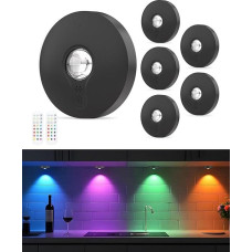 WUYOR USB Rechargeable RGB LED Spotlights Battery with Remote Control, Colour Changing LED Under-Unit Light, Magnetic Dimmable Battery Cabinet Lighting, Wireless Showcase Lighting with Timing Function
