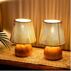 TRIROCKS 2 stalinių šviestuvų rinkinys iš austos medvilninės virvės 20 cm aukščio belaidės baterijomis valdomos lempos su mediniu pagrindu Boho šviestuvai gyvenamajam kambariui, miegamajam, vestuvėms, vakarėliams, renginiams kieme