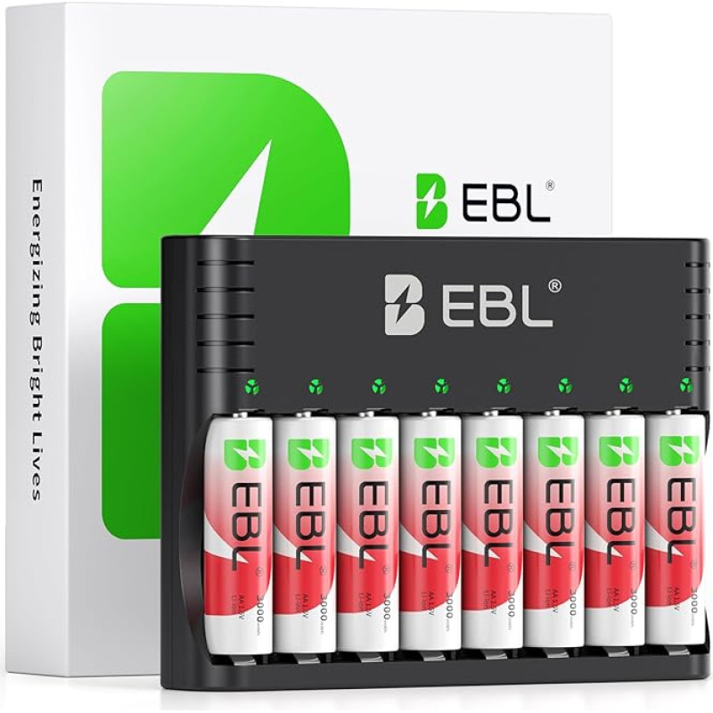 EBL įkraunamos ličio baterijos AA 8 pakuotės su įkrovikliu, 1,5 V, 3000 mWh, 1600 ciklų, ilgaamžės AA baterijos, įkraunamos ličio baterijos AA įkroviklis, skirtas ličio jonų AA/AAA baterijoms