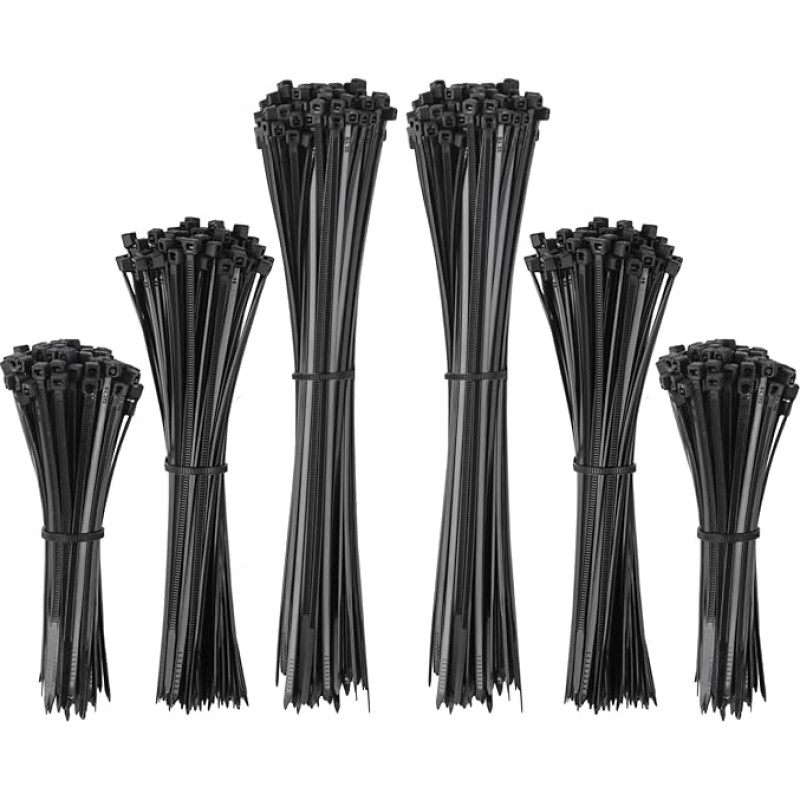Kabelman 600 juodos spalvos 100/150/200 mm rinkinys 200 vienetų iš viso 600 vienetų nailoninių kabelių kaklaraiščių Reguliuojami UV spinduliams atsparūs savaime užsifiksuojantys kabelių kaklaraiščiai, skirti dirbtuvėms, sodui, sodui, gyvenimui, organizavi