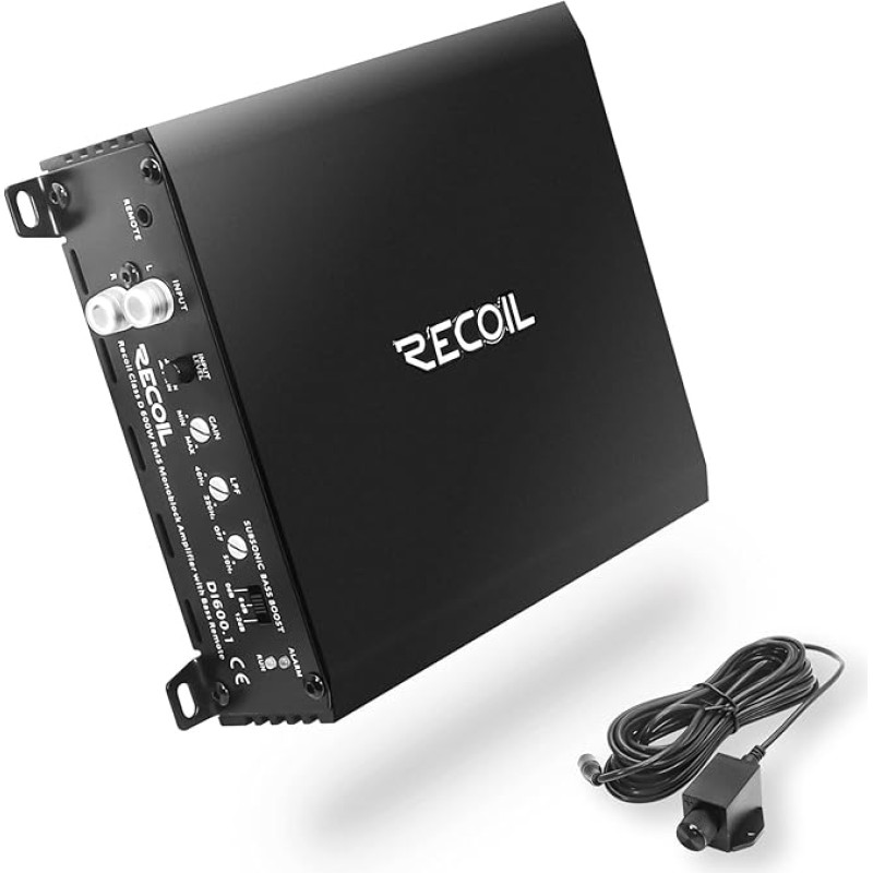 RECOIL DI600.1 D klasės automobilinio garso monoblokinis žemųjų dažnių garsiakalbio stiprintuvas, 1200 W didžiausios galios, 2/4 omų stabilus 
