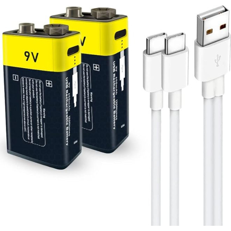 C tipo ličio įkraunamos baterijos 9 V, 1,5 V USB ličio jonų 9 V įkraunama baterija, 650 mAh, su C tipo įkrovimo kabeliu, greitai įkraunama per 2 valandas, 2 vnt. (9 V)