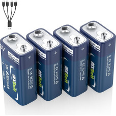MXBatt 9 V ličio baterija, 9 V blokinė baterija USB C 650 mAh, 4 įkraunamų baterijų pakuotė, 800 įkrovimo ciklų, tinka dūmų detektoriams, priešgaisrinei signalizacijai, mikrofonams, žaislams, žibintuvėliams ir kt.