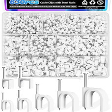 mxuteuk 630 vnt. 4/5/6/8/10 mm apvalių ir 5/6 mm kvadratinių baltų kabelių spaustukų Plieninės vinys Sieniniai kabelių spaustukai, skirti RG6 RG59 CAT6 RJ45 kabelių spaustukams